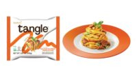 Image of Tangle's single-serve packaging with its brand logo, next to a plate of pasta