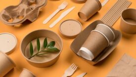 Paper food packaging on orange background