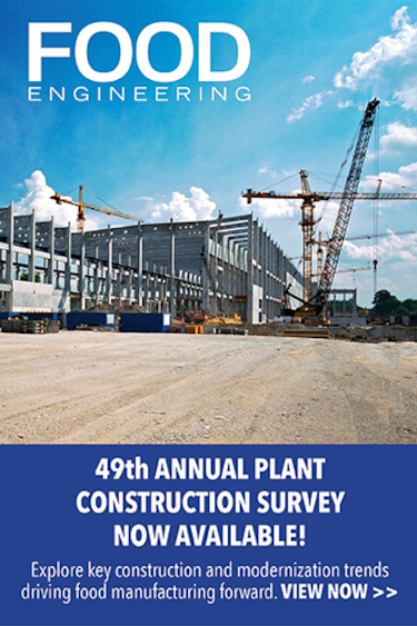 Promo for 49th Annual Plant Construction Survey showing a plant construction site and promotional text in white with a blue background